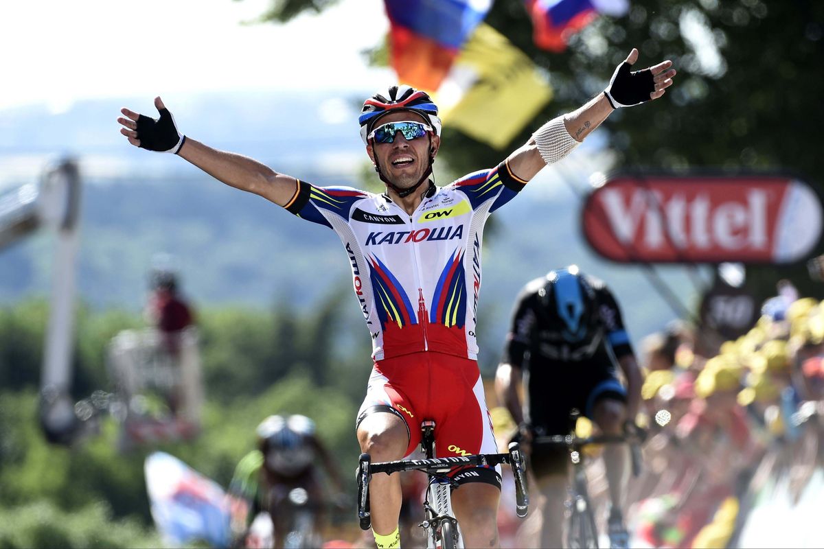 Joaquim Rodriguez (Katusha) celebrates winning on the Mur de Huy