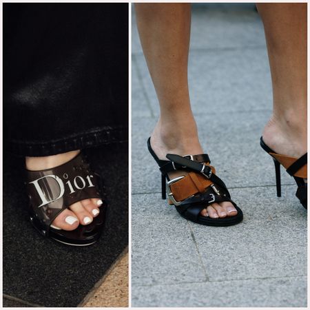 two images featuring dior heels with a white pedicure color and black jeans on a black carpet next to a belt-style heels with brown and black leather on a sidewalk with a french pedicure