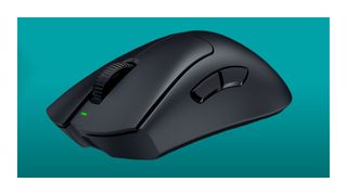 A Razer DeathAdder V3 Pro wireless gaming mouse against a teal background with a white border