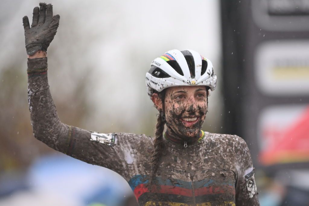 Dutch Lucinda Brand celebrates as she crosses the finish line to win the womens elite race of the Superprestige Boom fifth stage of the Superprestige cyclocross cycling competition Saturday 04 December 2021 in BoomBELGA PHOTO DAVID STOCKMAN Photo by DAVID STOCKMANBELGA MAGAFP via Getty Images