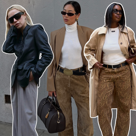 Stephanie Broek in grey trousers, Aimee Song in suede trousers, Marilyn NK in paisley trousers.