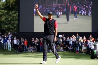 Tiger Woods celebrates winning the Zozo in 2019