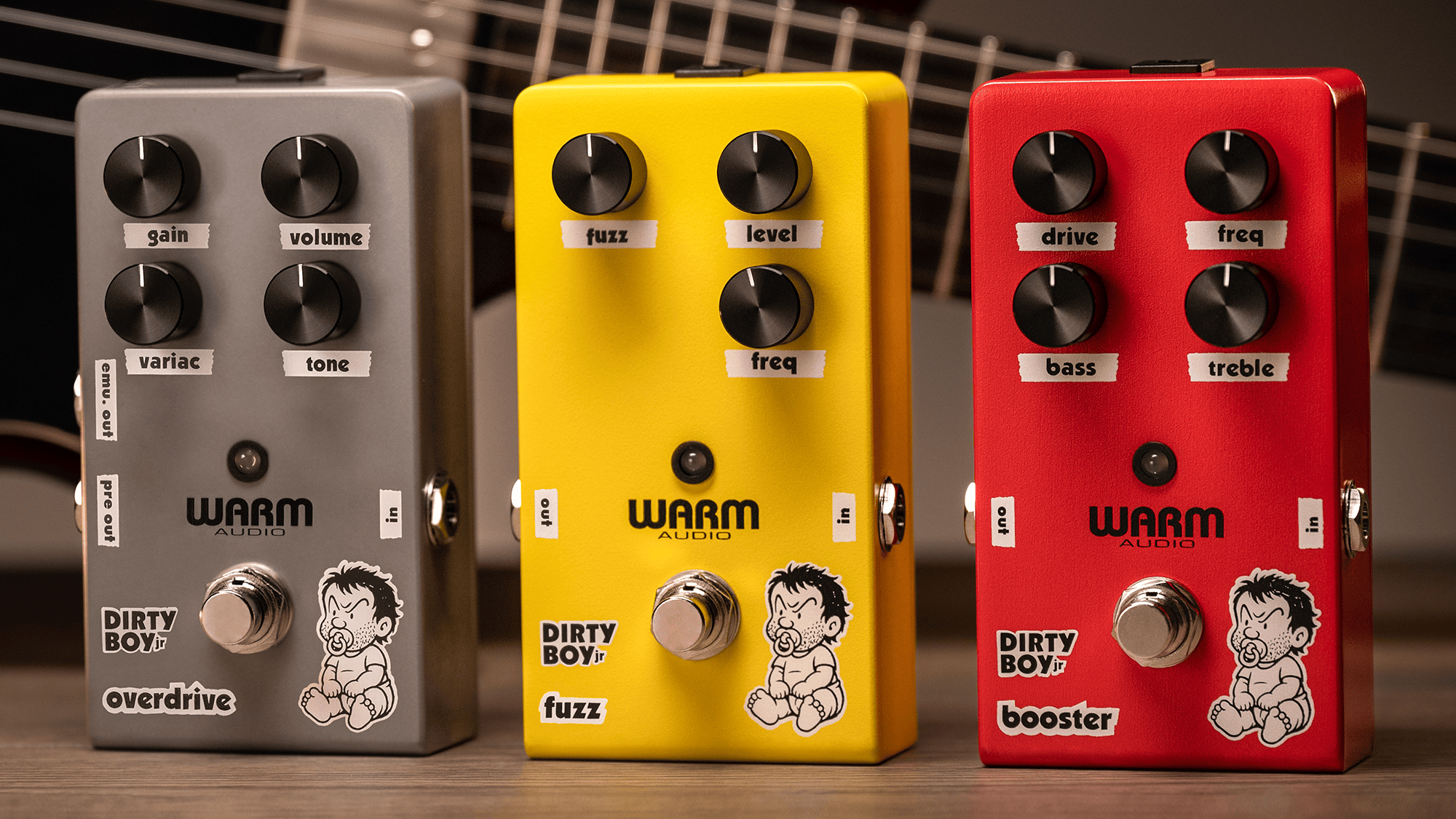 A photo of the three Warm Audio Dirty Boy Jr pedals: (from left) Dirty Boy Overdrive, Fuzz and Booster