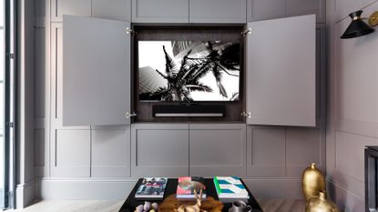 Soundbar mounting ideas using grey joinery