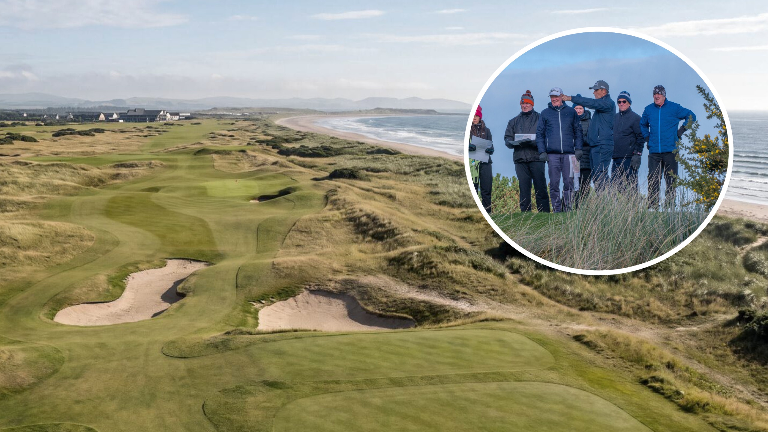 A par 3 at Seapoint Golf Links along the coast and an inset of Padraig Harrington and designers discussing plans on the course