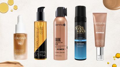 Collage of 5 of the best fake tans for mature skin featured in this guide from (left to right) Caudalie, St.Tropez, Sienna X, Bondi Sands and Gatineau, set on a beige backdrop with product swatches