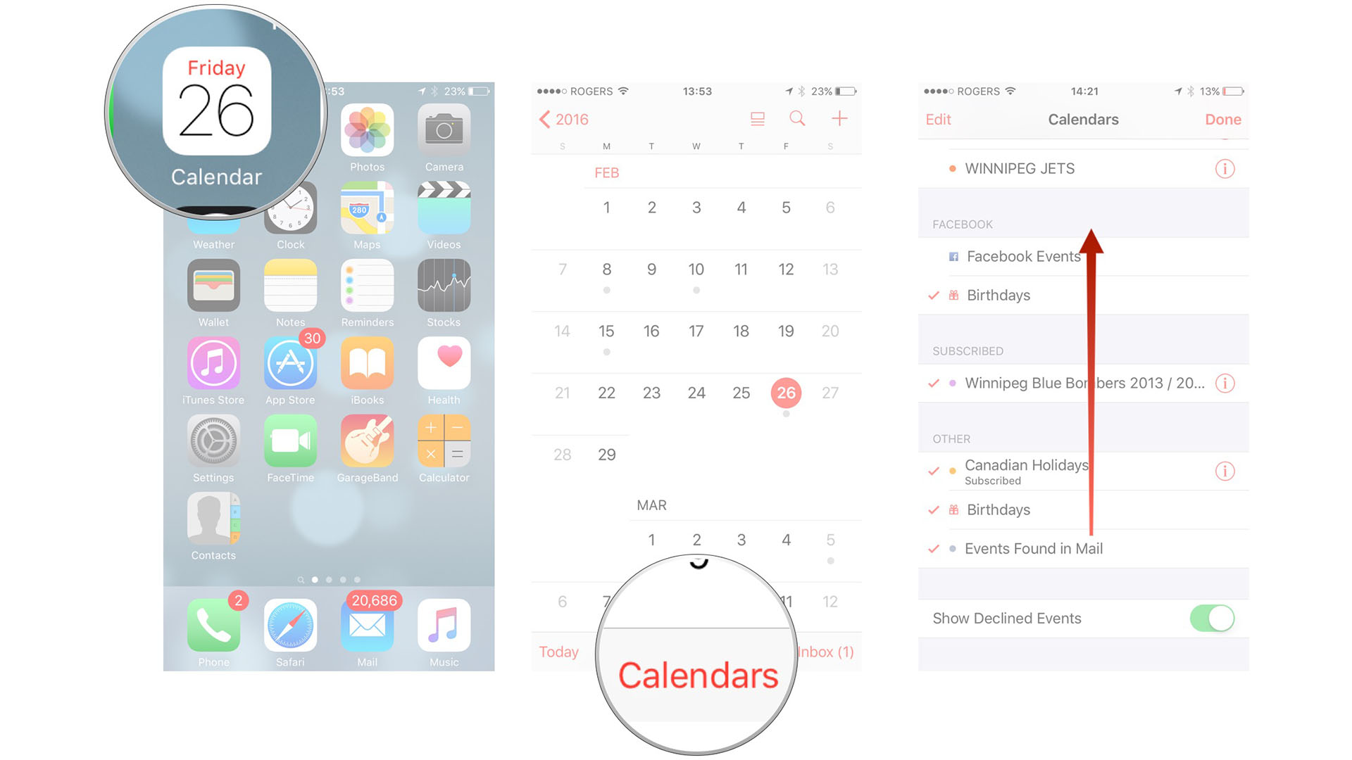 How to see shared events you've declined in Calendar on iPhone and iPad by showing: Open the calendar, then tap calendars, then swipe up to scroll down