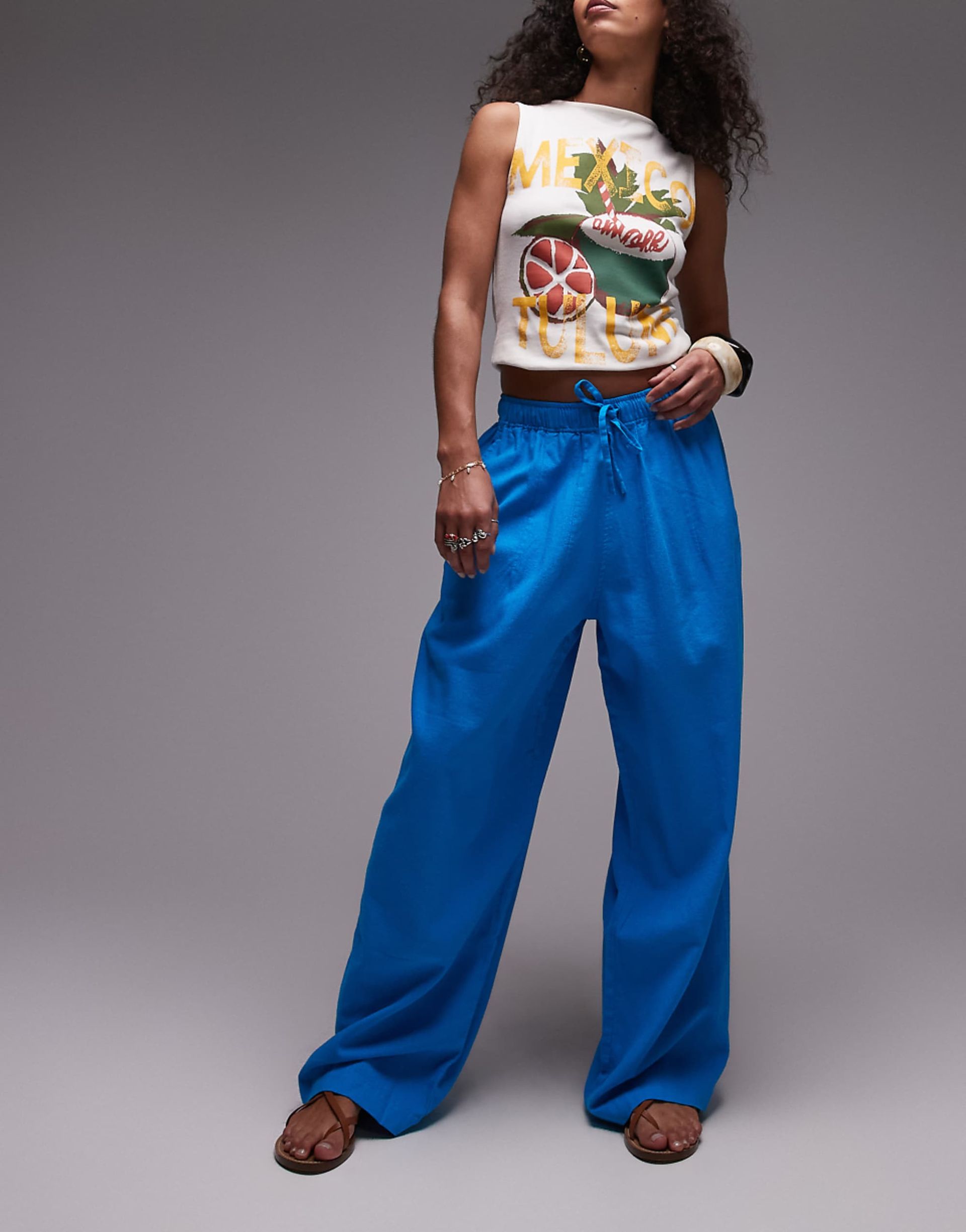 Topshop Linen Balloon Trouser in Turquoise