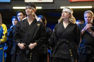 Daniel Kim as Yoon, Brandon H. Lee as Kwon, Peyton List as Tory Nichols, Martin Kove as John Kreese in Cobra Kai.