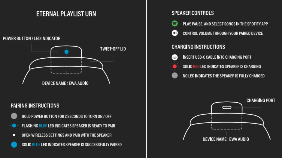 A user manual of how to connect the Eternal Playlist Urn Bluetooth speaker to a device