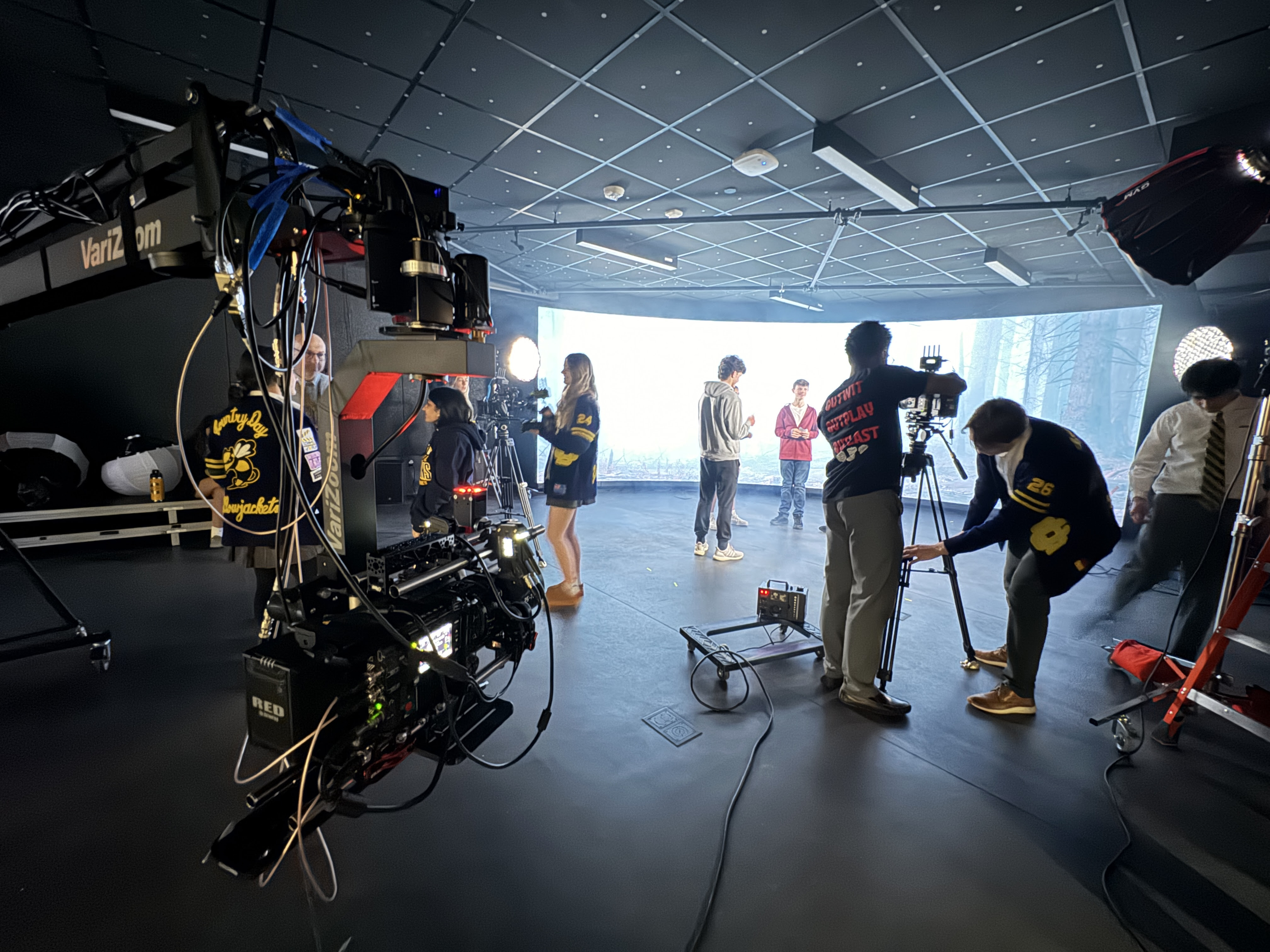 The new virtual production studio at Detroit Country Day School with a massive video wall displaying a cityscape.