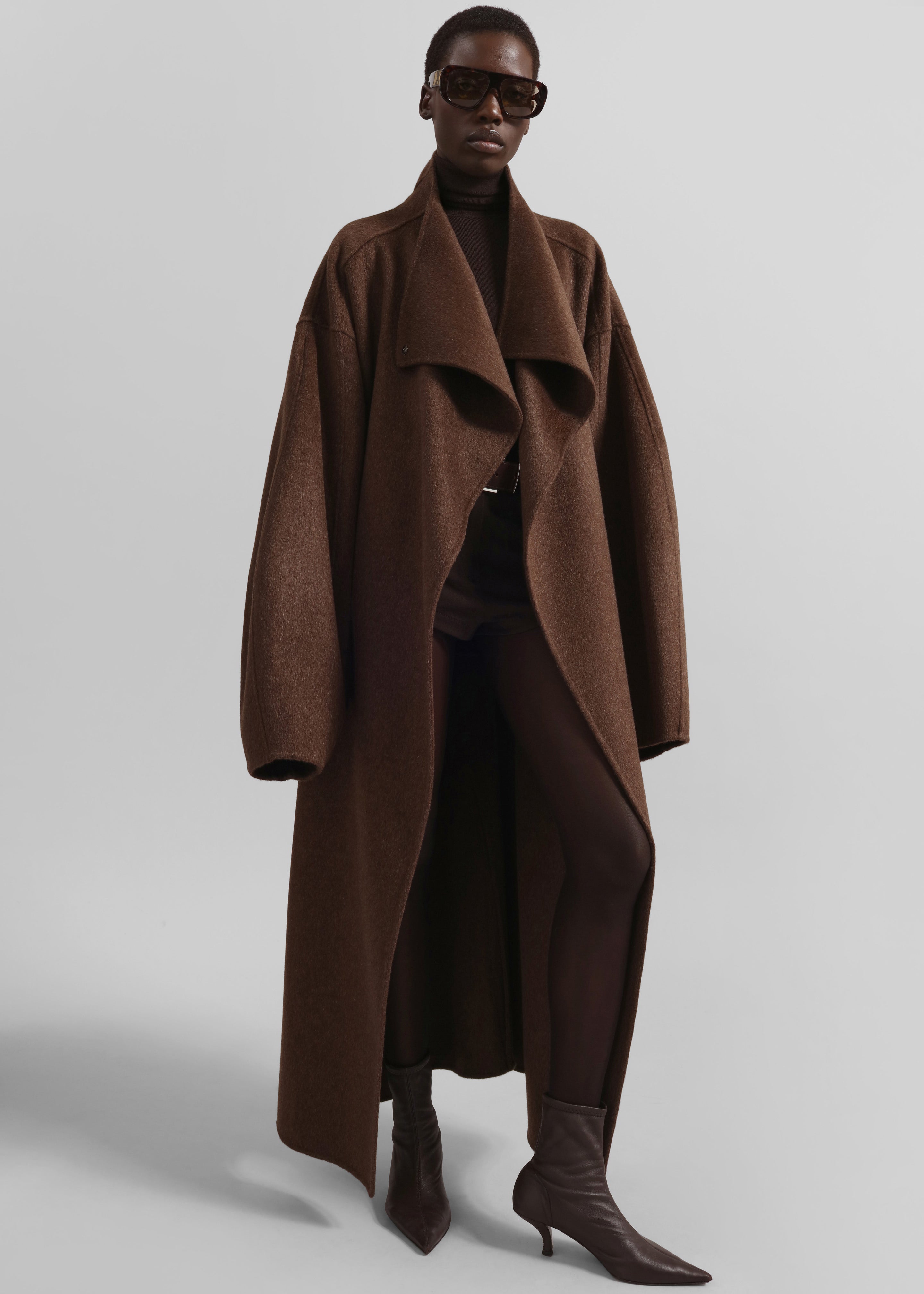 Leroy Funnel Neck Wool Coat - Brown Melange