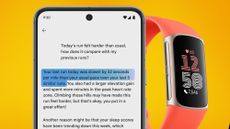 A phone and Fitbit on an orange background