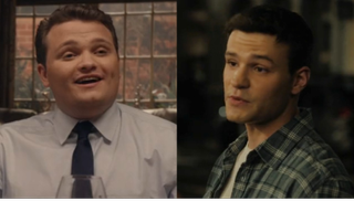 Andrew Terraciano as Sean Reagan at dinner on Blue Bloods/Mika Amonsen as Sean Reagan talking on Boston Blue.