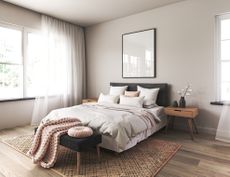 Modern Scandinavian and Japandi style bedroom interior design with bed white colour.
