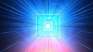 An illustration of a quantum computer, shown as a blue computer chip emanating white beams of light in all directions. At the bottom of the frame, pink and orange light can be seen, while to either edge of frame darkness creeps in.