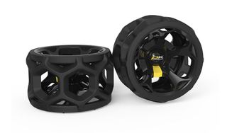 A set of hex patterned PowaKaddy winter wheels