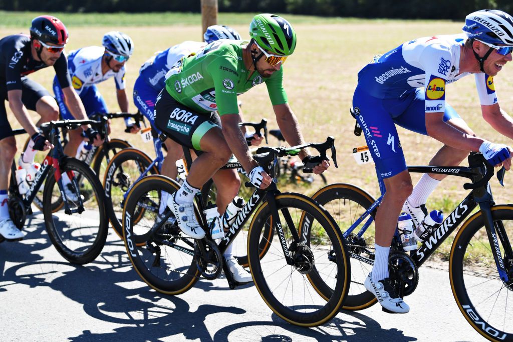 SAINTMARTINDERE FRANCE SEPTEMBER 08 Peter Sagan of Slovakia and Team Bora Hansgrohe Green points Jersey Tim Declercq of Belgium and Team Deceuninck QuickStep during the 107th Tour de France 2020 Stage 10 a 1685km stage from ile dOleron Le Chateau dOleron to ile de Re Saint Martin de Re TDF2020 LeTour on September 08 2020 in Saint Martin de Re France Photo by Tim de WaeleGetty Images