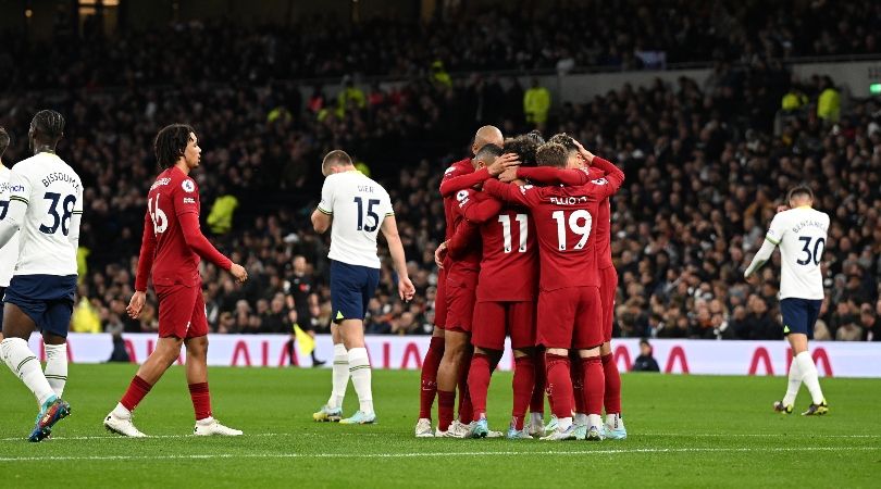 Liverpool players celebrate Mohamed Salah&#039;s first goal against Tottenham.