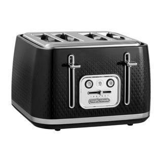 Black four slice toaster with large control panel and two levers