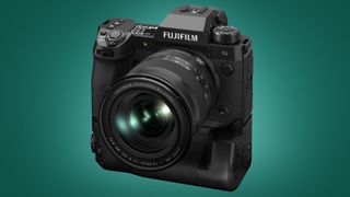 The Fujifilm X-H2S on a green background