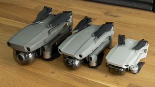 The new Mavic Air 2 slots into the middle of the Mavic line, at 570g, between the 905g Mavic 2 (left) and the 249g Mavic Mini (right). The shades of grey even darken consistently.