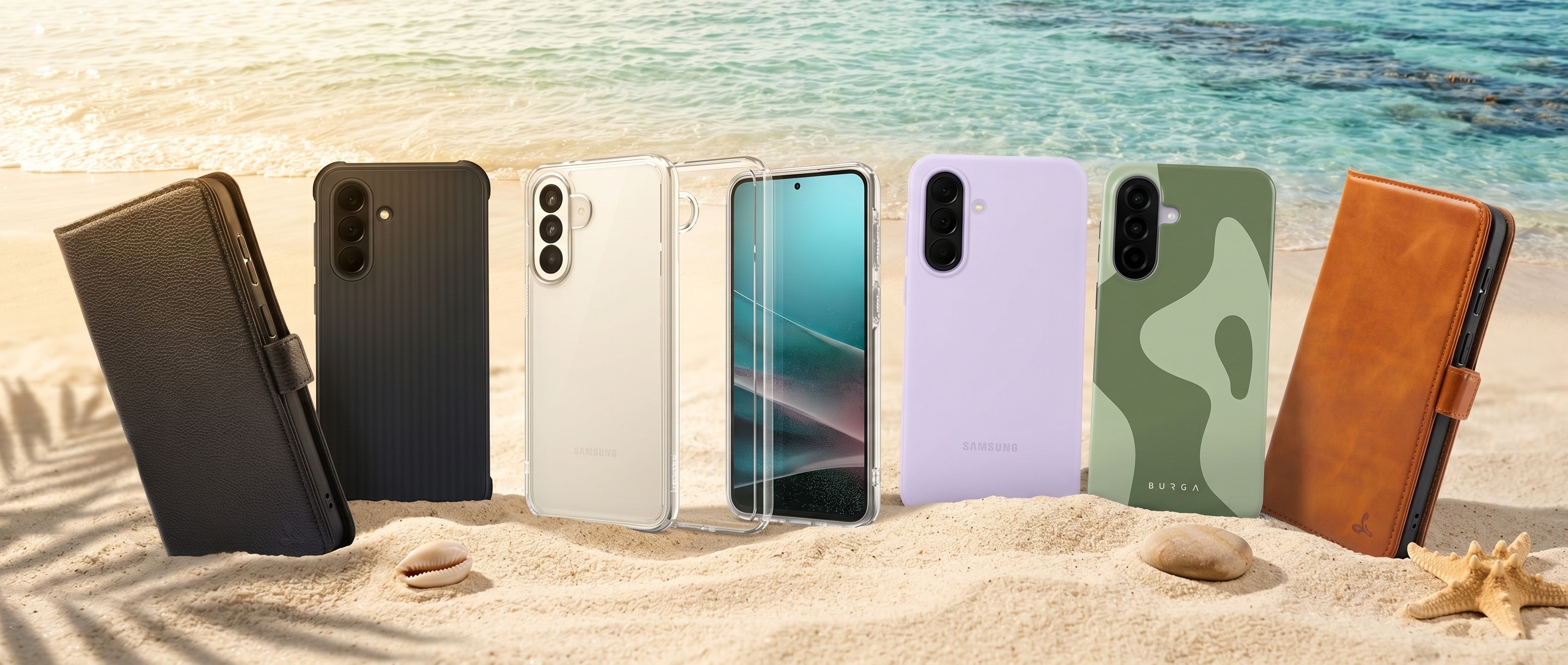 Selection of Samsung Galaxy A37 cases on a beach background 