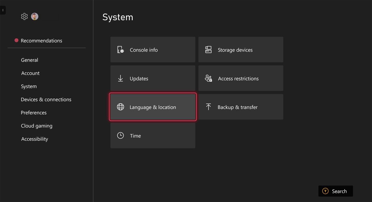 Xbox Series X dashboard screenshot showing steps through Settings to change region