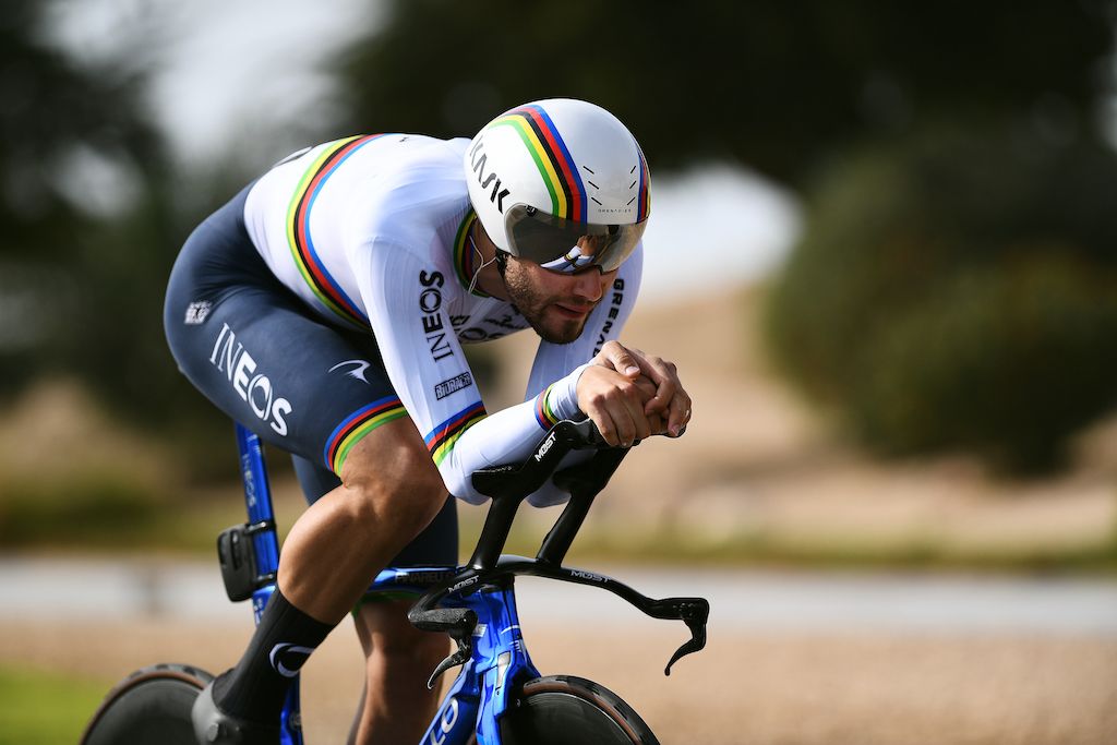 AJMAN, UNITED ARAB EMIRATES - FEBRUARY 22: Filippo Ganna of Italy and Team INEOS Grenadiers sprints during the 4th UAE Tour 2022 - Stage 3 a 9km Individual Time Trial stage from Ajman to Ajman / ITT / #UAETour / #WorldTour / on February 22, 2022 in Ajman, United Arab Emirates. (Photo by Tim de Waele/Getty Images)