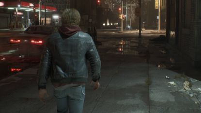 A zoomed-in screenshot from Samson, showing a man walking along a city street at night.