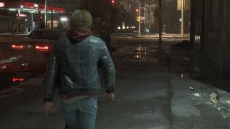 A zoomed-in screenshot from Samson, showing a man walking along a city street at night.