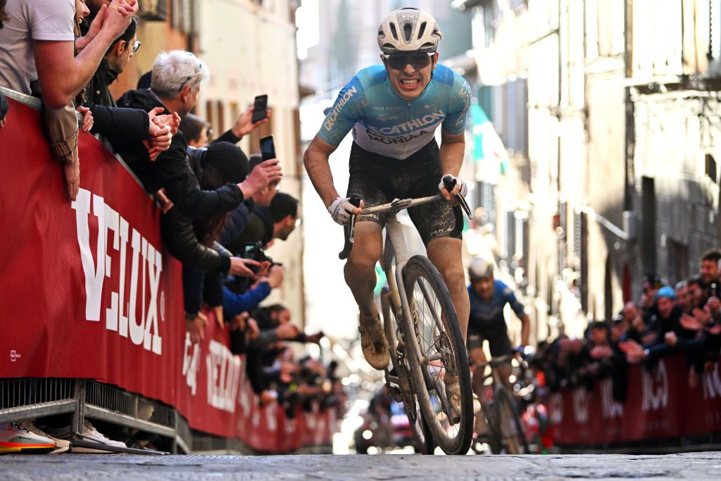 SIENA ITALY MARCH 02 Benoit Cosnefroy of France and Decathlon AG2R La Mondiale Team competes during the 18th Strade Bianche 2024 Mens Elite a 215km one day race from Siena to Siena 320m UCIWT on March 02 2024 in Siena Italy Photo by Luc ClaessenGetty Images