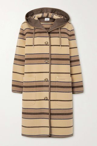 Burberry Hooded Striped Leather-Trimmed Wool Coat