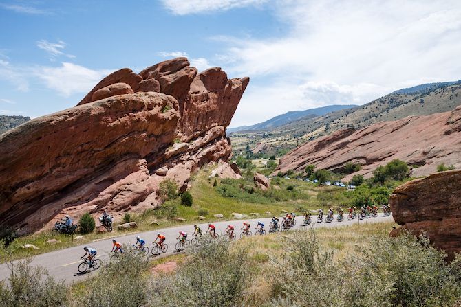 The peloton gets strung out as it passes through Red Rocks park on stage 3 of the 2018 Colorado Classic