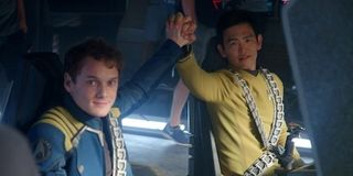 Anton Yelchin and John Cho on set