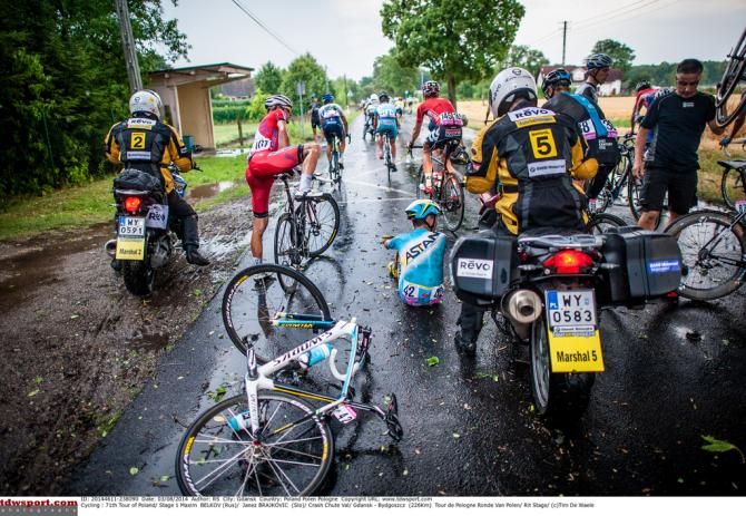Janez Brajkovič (Astana) fell heavily when the storm hit the race