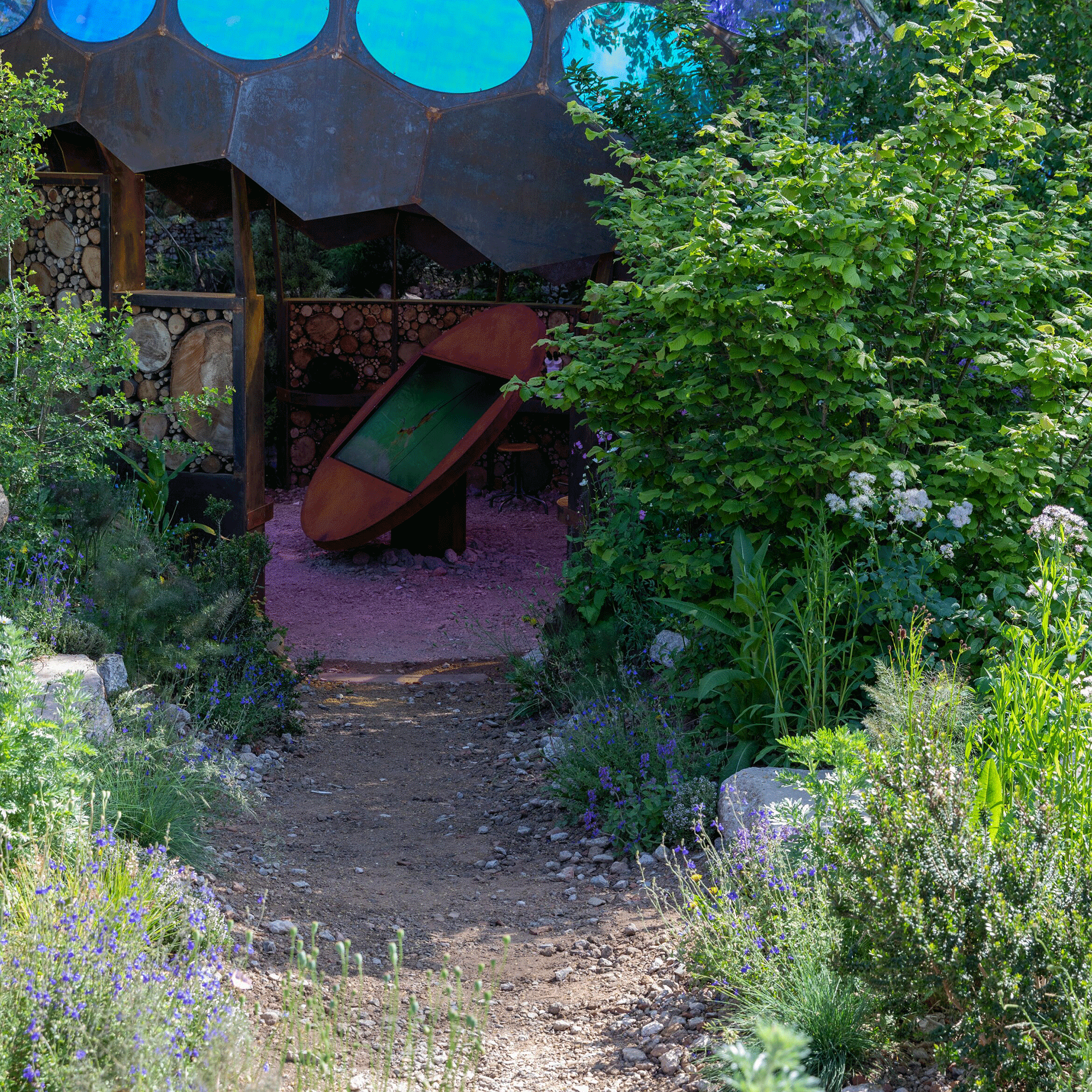 Green and blue structure with pollinator planting