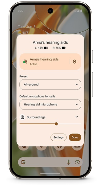 Google's new hearing aid settings, letting users customize its ambient sound presets, volume, and more.
