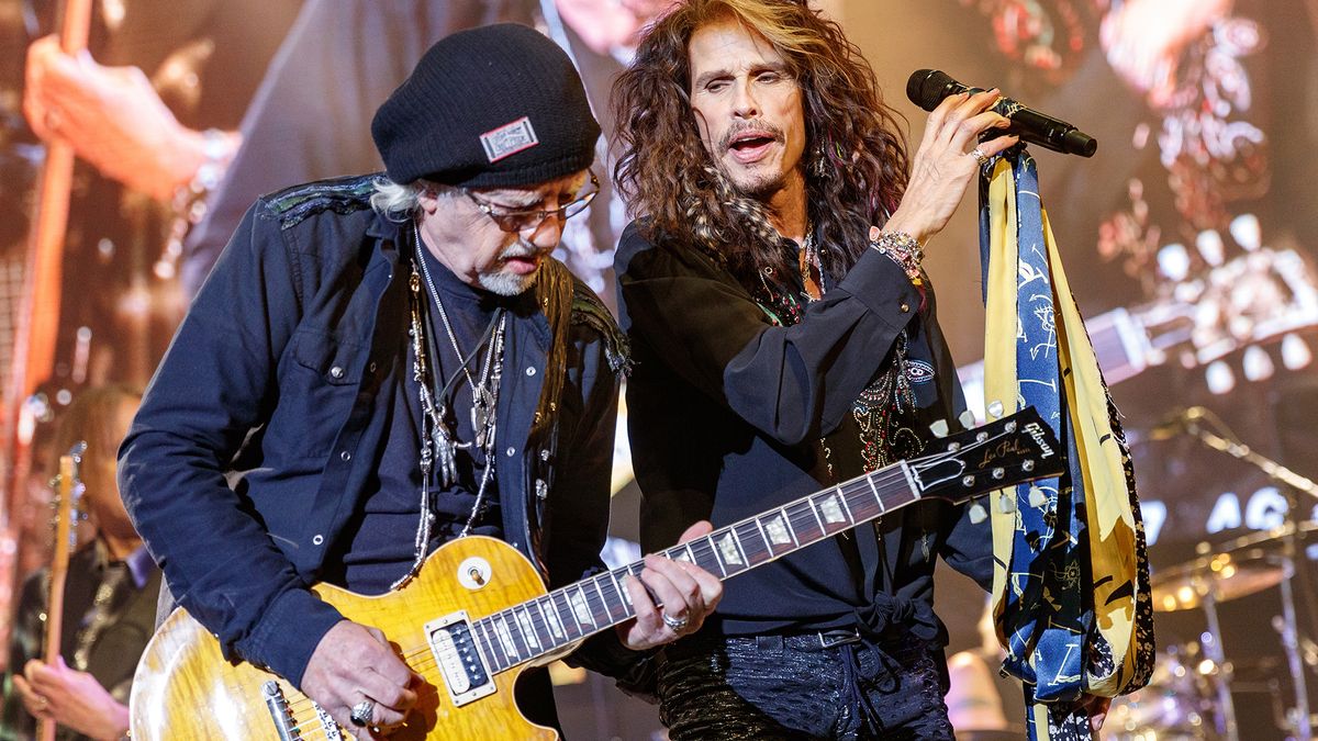 [L-R] Brad Whitford and Steven Tyler of Aerosmith