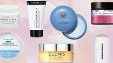 Image of the best cleansing balms on a pink and purple watercolour background (L-R) Farmacy, The Body Shop, The Inkey List, ELEMIS, Tatcha, Neal's Yard and Jones Road