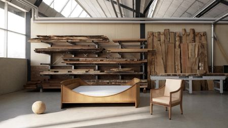 Kaare Klint bed and chair reissued by Carl Hansen & Søn in workshop setting