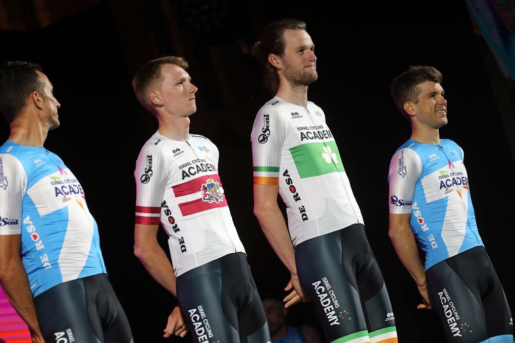 Latvian champion Krists Neilands and Irish Champion Conor Dunne represent Israel Cycling Academy at the Giro presentation