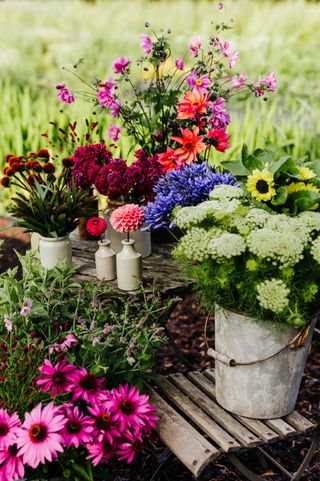 selection of blooms in buckets from cut flower garden