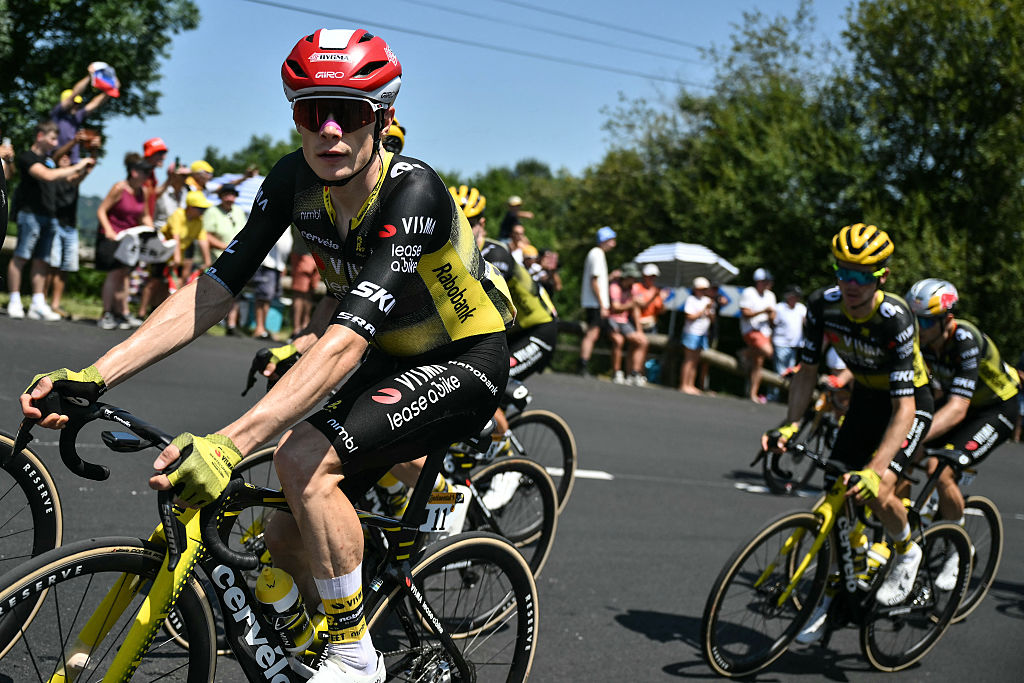 Team Visma - Lease a bike team's Danish rider Jonas Vingegaard cycles in the ascent of Cote de Labatmale during the 12th stage of the 112th edition of the Tour de France cycling race, 180.6 km between Auch and Hautacam, in the Pyrenees mountains of southwestern France, on July 17, 2025. (Photo by Marco BERTORELLO / AFP)