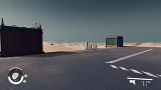 Starfield Cargo Link - two containers are pictured at the edge of a landing pad, facing a sandy desert.