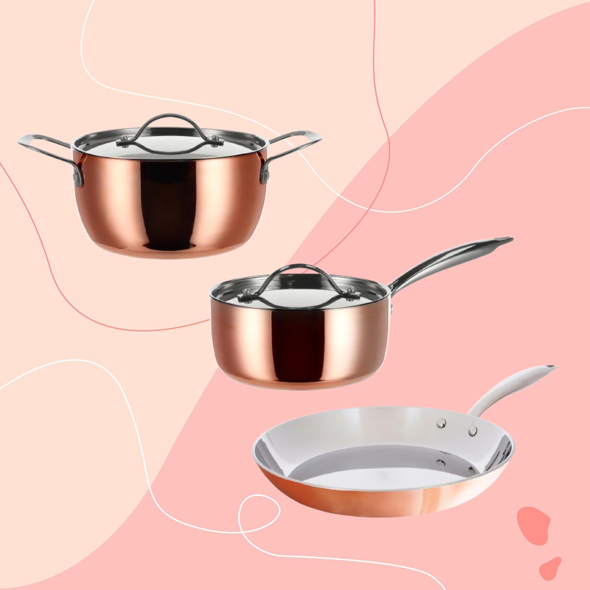Lidl copper pans on a pink background.