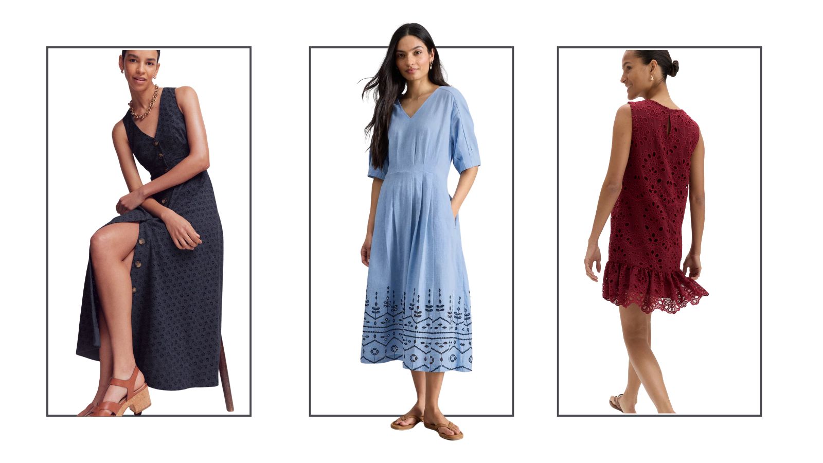Three women wearing different broderie anglaise dresses