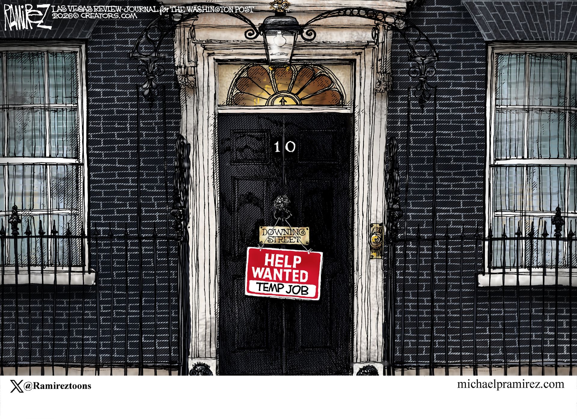 
                                This cartoon depicts the front down at 10 Downing Street in London, home of the Prime Minister. A sign on the door reads, “Help Wanted: Temp Job”.
                            