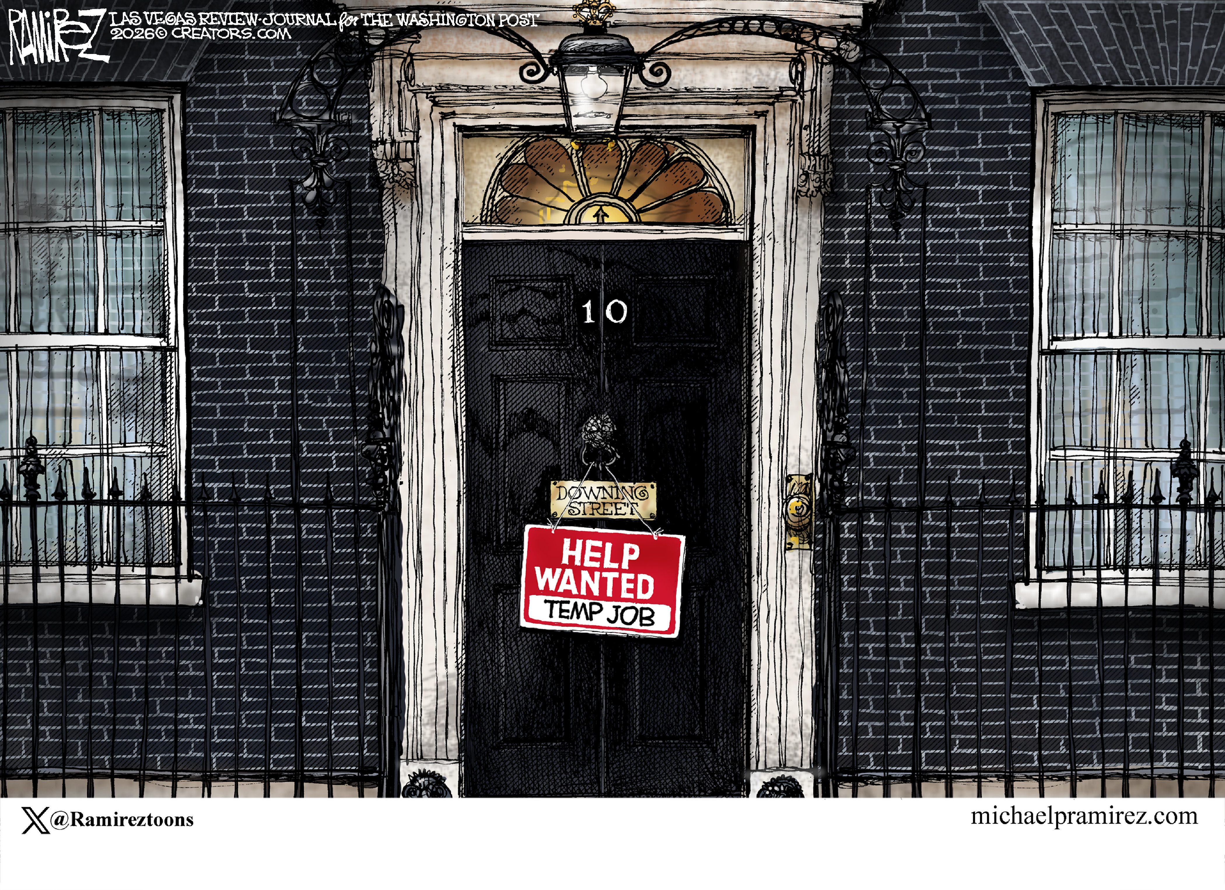 This cartoon depicts the front down at 10 Downing Street in London, home of the Prime Minister. A sign on the door reads, &amp;ldquo;Help Wanted: Temp Job&amp;rdquo;.