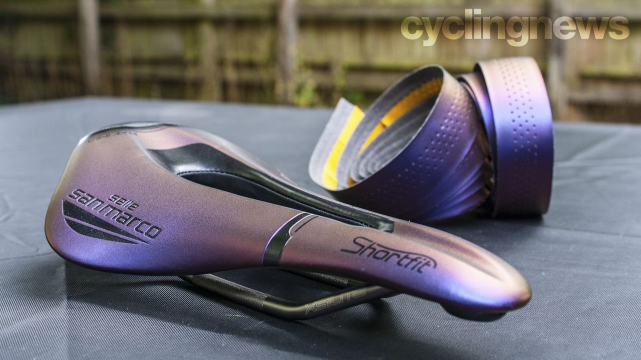Selle San Marco Shortfit Racing Iridescent saddle and Presa Corsa Team bar tape